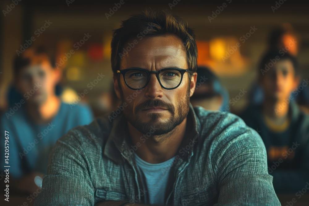 Serious Man with Glasses in a Classroom Setting Serious Man with Glasses in a Classroom Setting