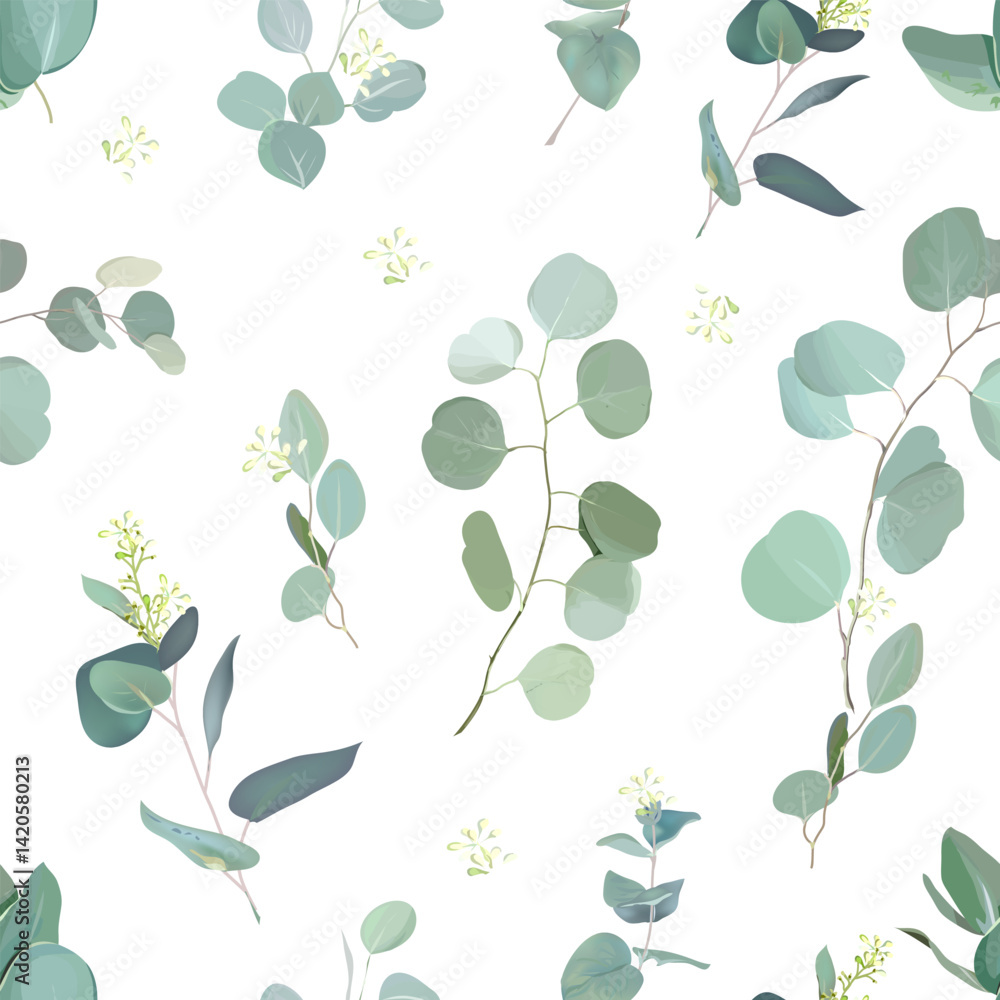 Eucalyptus selection greenery print with leaves and plants. Botanical pattern design. Mint, green, gray, sage, dusty blue watercolor tones. Seamless vector pattern. Simple backdrop on white background Eucalyptus selection greenery print with leaves and plants. Botanical pattern design. Mint, green, gray, sage, dusty blue watercolor tones. Seamless vector pattern. Simple backdrop on white background