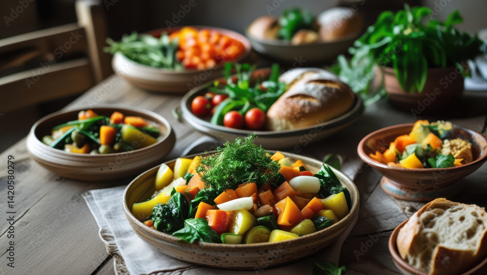 Rustic table setting with fresh vegetable salad, bread, and herbs in a cozy kitchen environment