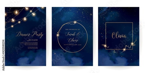 Magic night dark blue frames with sparkling glitter bokeh and light art. Square vector wedding cards. Gold confetti and navy backgrounds. Golden scattered Christmas dust. Fairytale magic star template