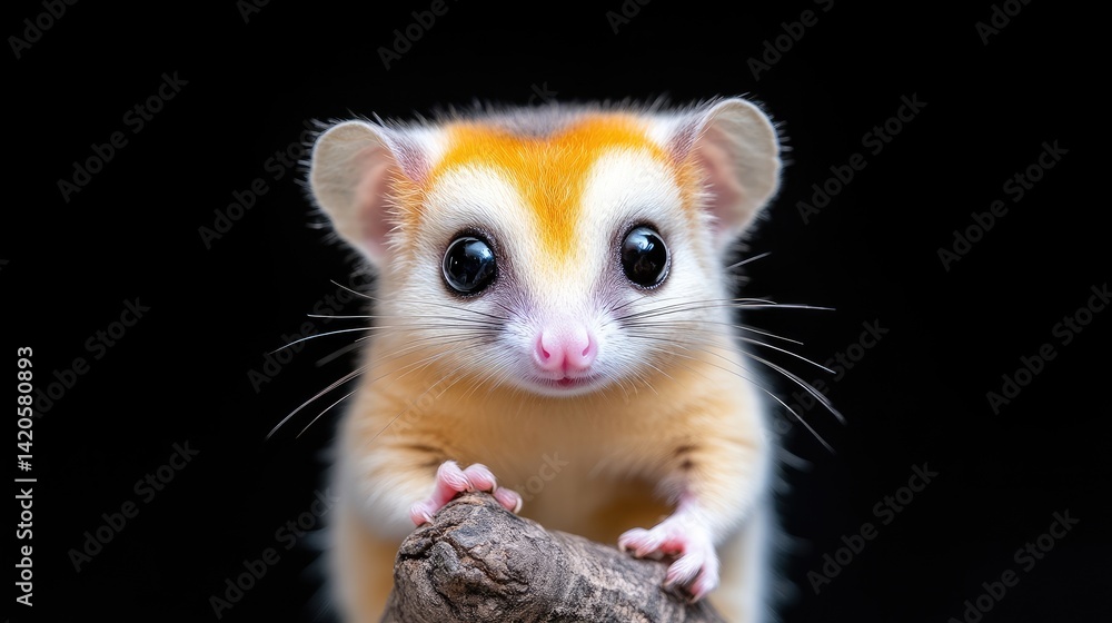 Obraz premium Adorable, small mammal with big eyes and a soft, light orange-cream coat, resting on a dark branch