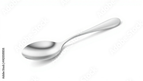A shiny silver spoon is displayed against a bright white background casting a soft shadow beneath it created with generated ai