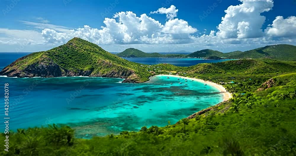 Scenic coastal view of lush green mountains and turquoise waters under a blue sky Scenic coastal view of lush green mountains and turquoise waters under a blue sky