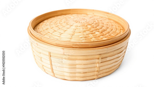 A close up shot of a handmade woven bamboo steamer basket with lid on a white background displaying texture created with generated ai