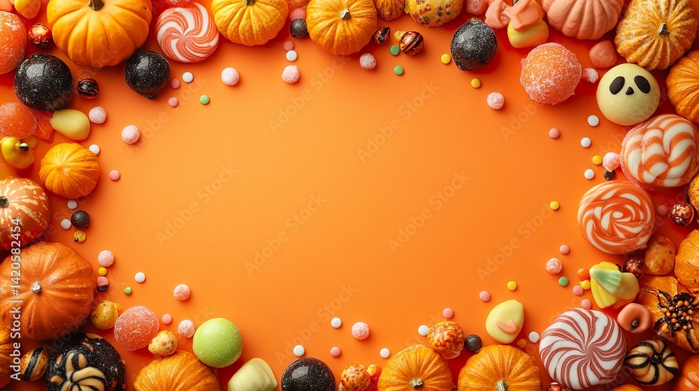 Fototapeta premium Colorful Halloween frame with spooky candy and decorations on bright orange backdrop 