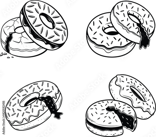 Delicious Doughnut with Powdered Sugar Silhouette Vector Set