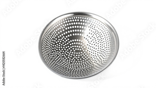 Close up view of a stainless steel colander with small holes on a white background in studio lighting created with generated ai