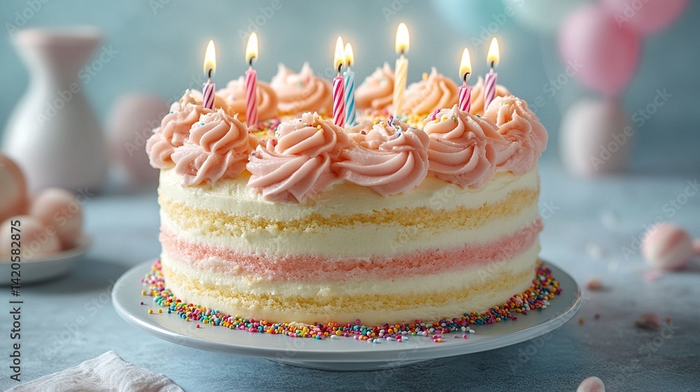 Colorful striped birthday cake with lit candles and rainbow sprinkles on pastel blue background Colorful striped birthday cake with lit candles and rainbow sprinkles on pastel blue background