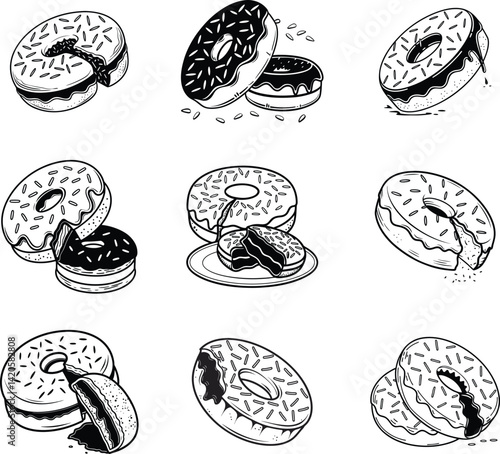 Doughnut with Powdered Sugar and a Crack in the Surface Silhouette Vector Set