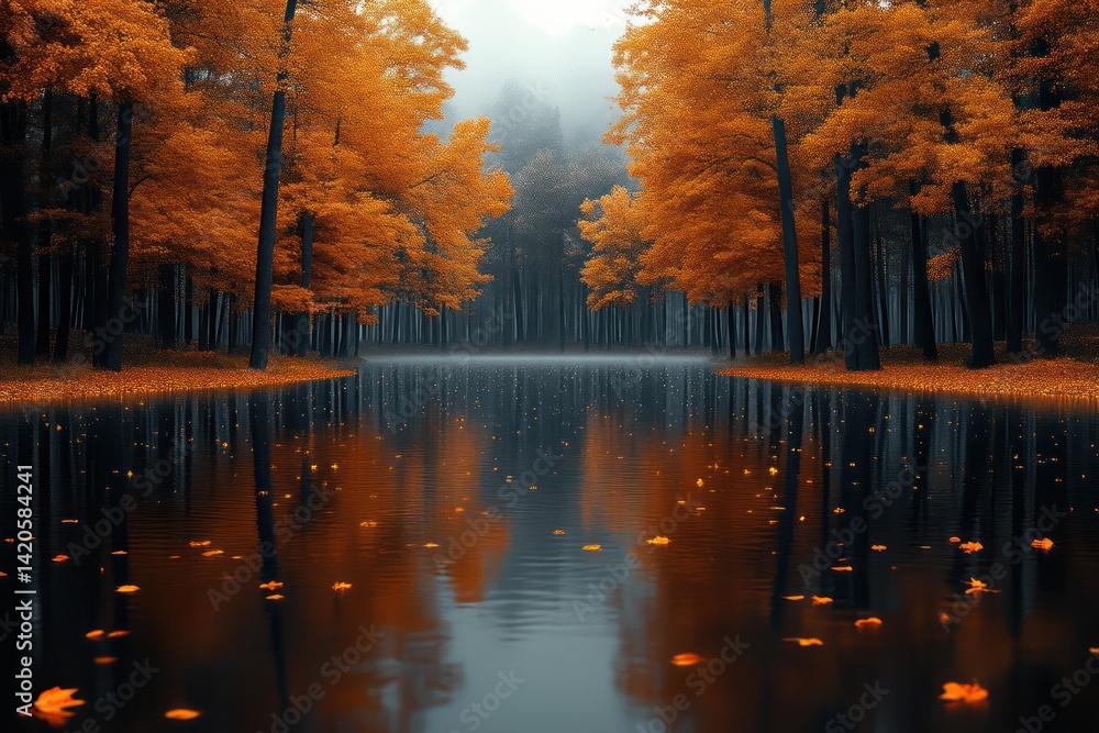 Obraz premium Autumn Reflections in a Serene Forest Lake Featuring Vibrant Orange Leaves and Misty Backgroun