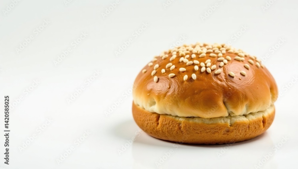 Sesame seed topped bun, slightly shiny surface, white background , bun, isolated, detail Sesame seed topped bun, slightly shiny surface, white background , bun, isolated, detail