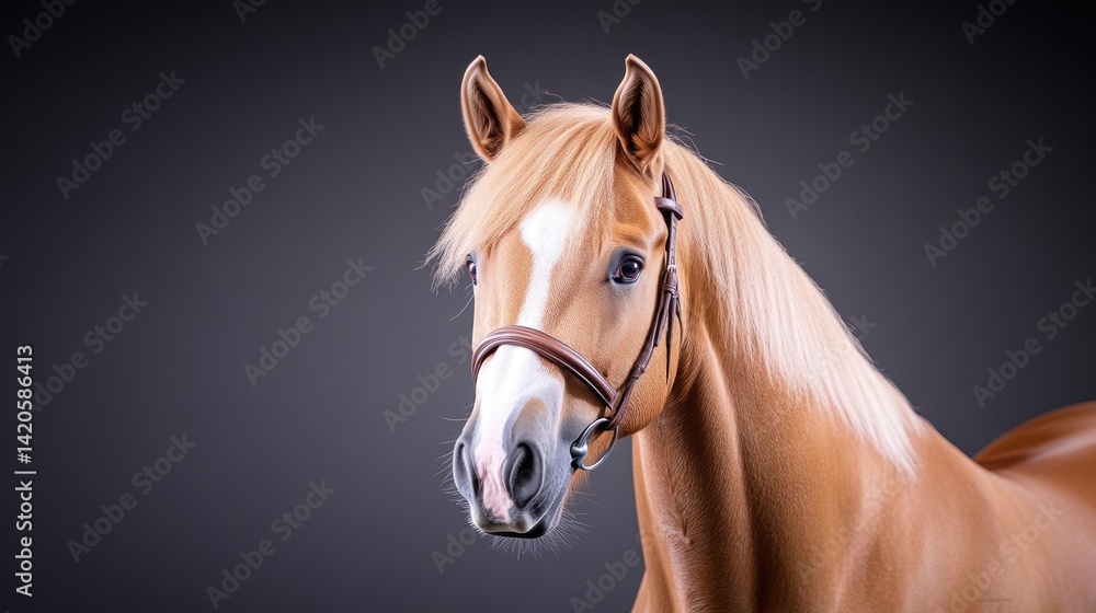 Obraz premium Portrait of a light-brown horse, focused on head and shoulders, against a dark background