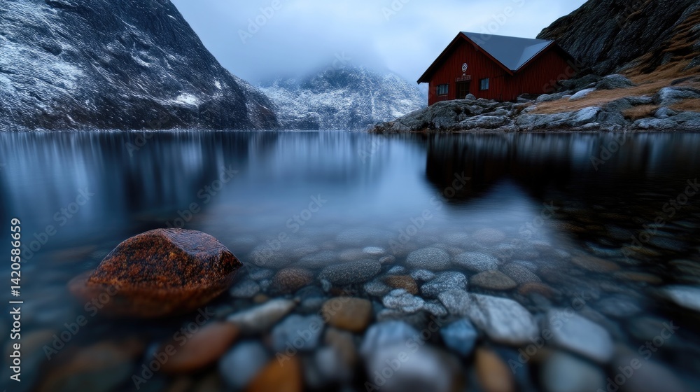 Fototapeta premium Misty fjord landscape with a red cabin