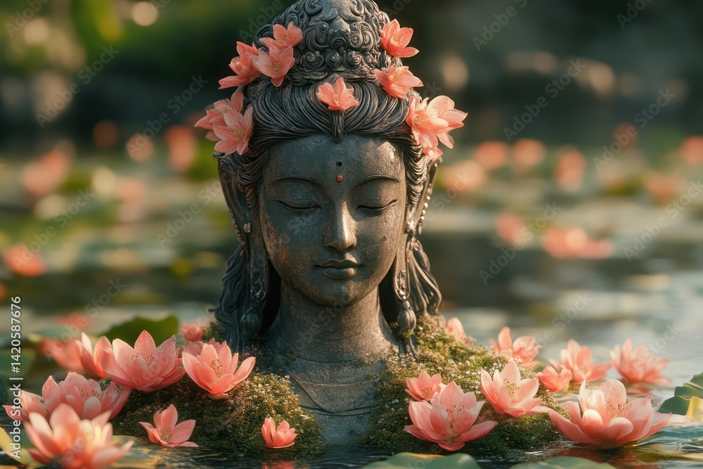 Serene Sculpture Surrounded by Lotus Flowers in a Tranquil Pond Ideal for Meditation and Spiri Serene Sculpture Surrounded by Lotus Flowers in a Tranquil Pond Ideal for Meditation and Spiri