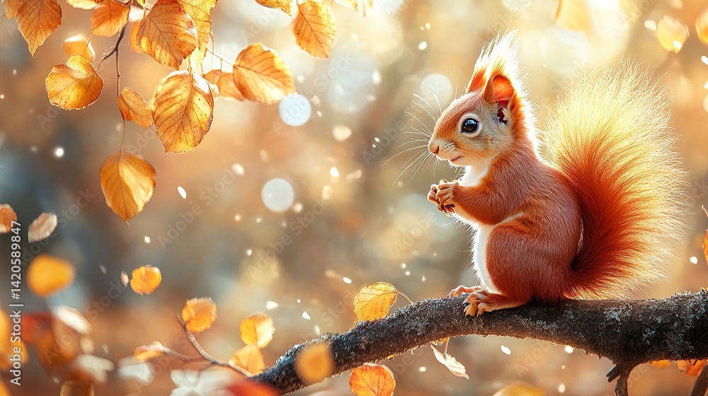 Cute red squirrel sitting on a tree branch surrounded by golden autumn leaves, warm fall background Cute red squirrel sitting on a tree branch surrounded by golden autumn leaves, warm fall background