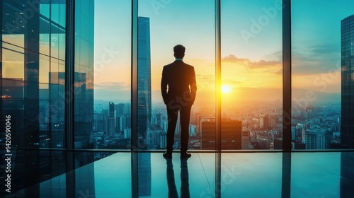Silhouette of a confident business professional looking out over a cityscape at sunset from a high office