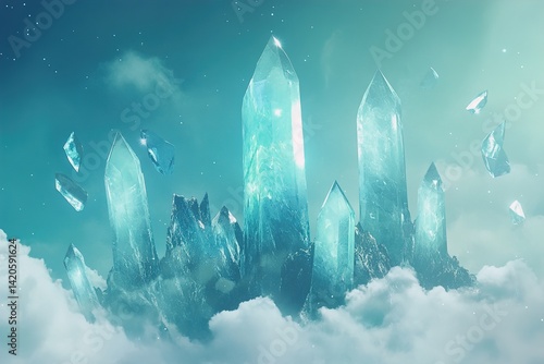 Floating crystal mountains beneath a glowing cyan sky, each peak levitating with translucent ice shards orbiting in slow motion, surrounded by soft digital mist