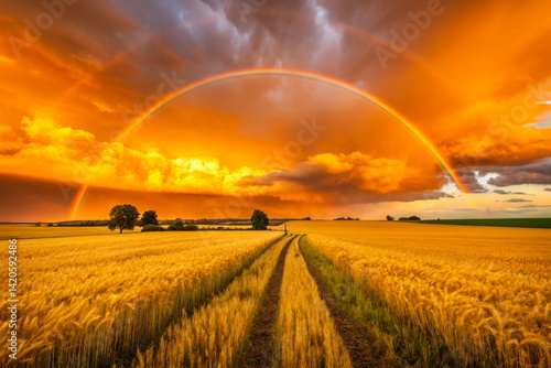 A dirt road through a golden wheat field under a vibrant sunset sky with a rainbow and dramatic clouds in a rural countryside landscape