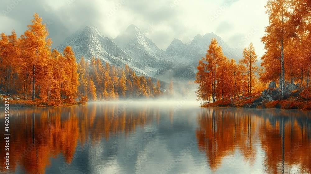 Obraz premium Early morning fog drifting over calm lake surrounded by golden and red autumn trees 