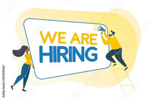 We are hiring an announcement with a job vacancy recruitment message and a career opportunity illustration featuring people on a white background