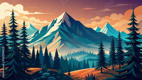 amazing mountains landscape. Morning wood panorama with pine trees and mountains silhouettes field. Vector forest hiking sunset time