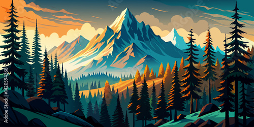 amazing mountains landscape. Morning wood panorama with pine trees and mountains silhouettes field. Vector forest hiking sunset time