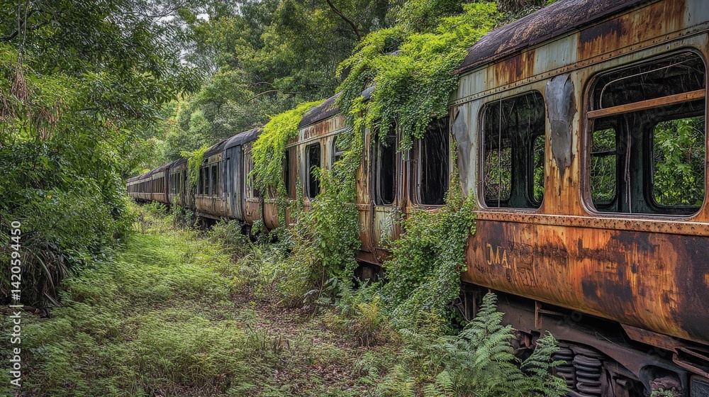 Fototapeta premium Rusty Abandoned Train Cars Overgrown with Greenery in a Forgotten Railway Station Surrounded by Dense Forest and Lush Vegetation