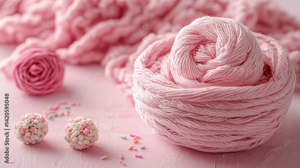 Pink yarn ball sits on textured pink surface Pink yarn ball sits on textured pink surface