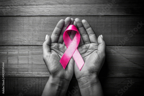 Hands holding a pink ribbon for breast cancer awareness symbolizing hope support and health on a wooden background with a black and white theme and color accent