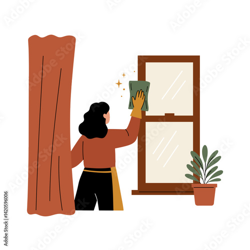 Woman washing window at home, person cleaning a window vector art, flat colorful illustration - Housework, Spring Cleaning, Domestic Routine Concept