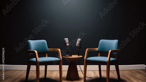 Two chairs and microphones in podcast or interview room isolated on a dark background as a wide banner for media conversations or podcast streamers concepts, Created with generative ai	