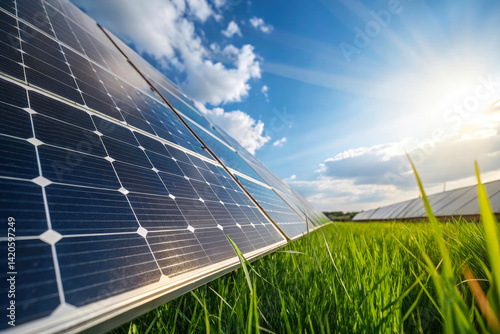 Solar panel field with sunlight and blue sky in green grass environment clean renewable energy technology and sustainable power generation concept