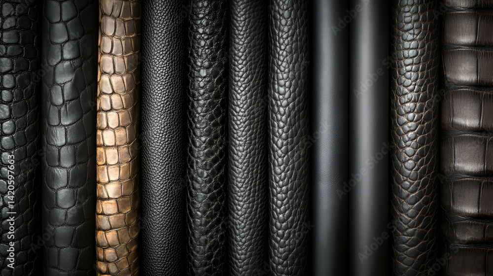 Fototapeta premium Leather textures, vertical arrangement, dark background, design