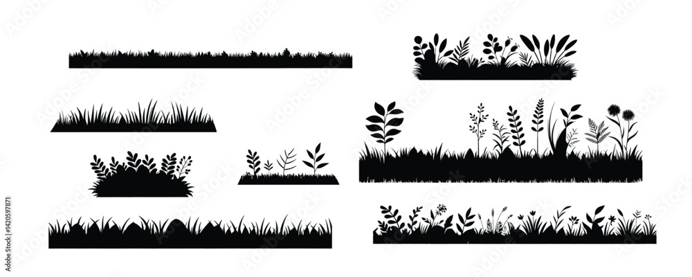 Obraz premium silhouette Grass Vector Set – Lawn Borders, Tuft Patterns & Seamless Botanical Clipart