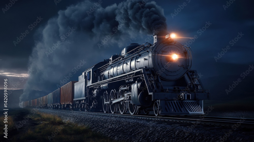 Obraz premium Vintage Steam Locomotive Pulling Freight at Night with Dramatic Smoke and Illuminated Headlight on Railroad Tracks in a Scenic Landscape