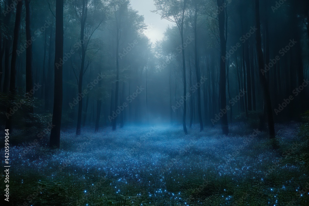Enchanted Forest at Night with Bioluminescent Flowers and Misty Atmosphere Enchanted Forest at Night with Bioluminescent Flowers and Misty Atmosphere