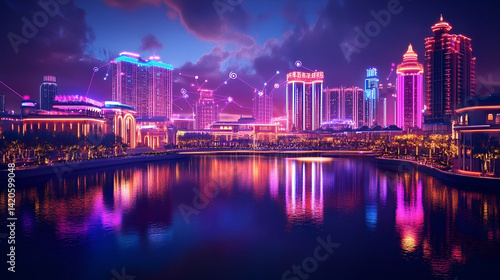 Night cityscape, vibrant lights, waterfront reflection, entertainment district