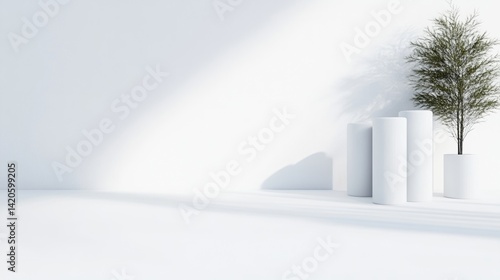 Minimalist white interior scene with cylinder podiums and plant