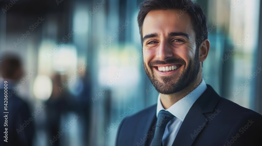 Confident Professional Smiling in Modern Office Setting with Natural Light, Wearing Business Suit and Tie Confident Professional Smiling in Modern Office Setting with Natural Light, Wearing Business Suit and Tie