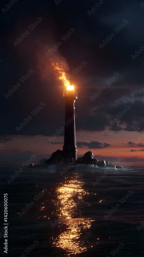 Fototapeta premium Close view burning lighthouse illuminating the