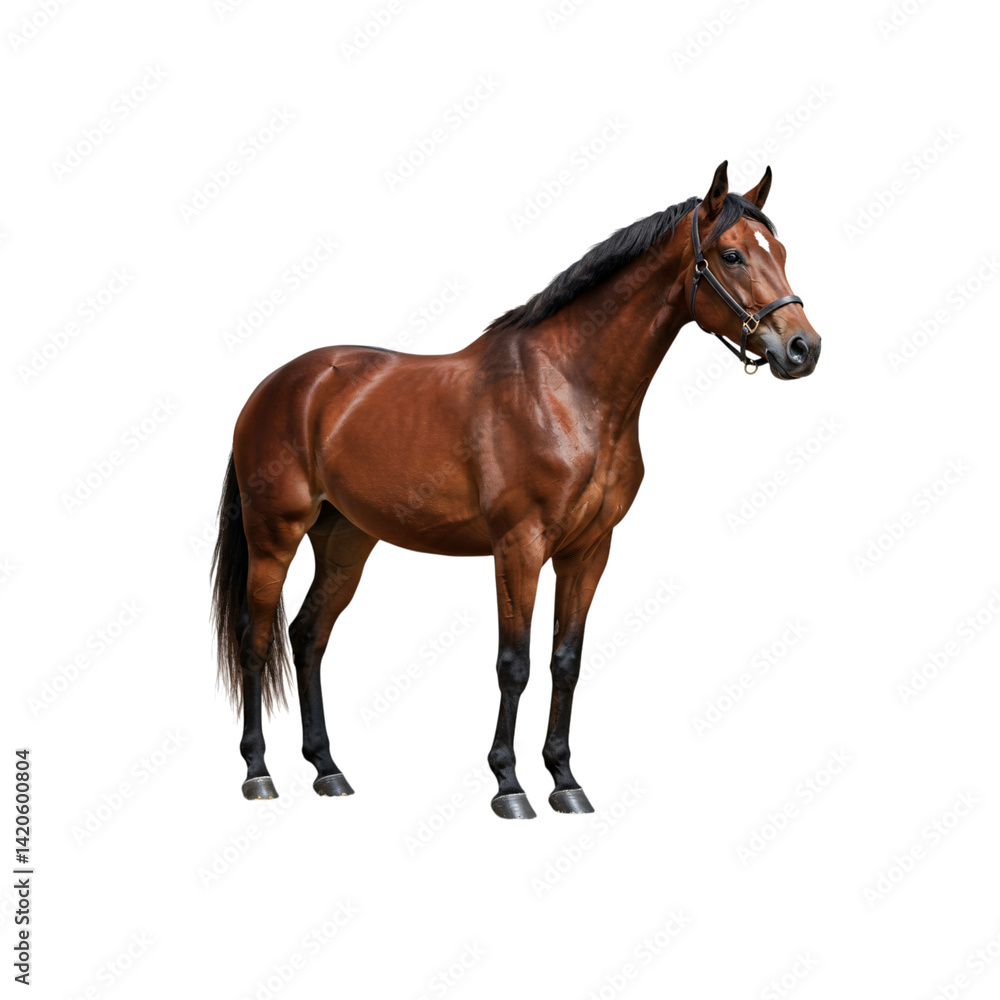 Naklejka premium Beautiful brown horse standing isolated on white background. Strong muscular posture, ideal for equestrian, animal, or farm-related visual projects.