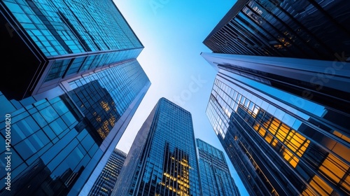 Wallpaper Mural Skyscrapers and glass windows reach towards a vibrant blue sky, reflecting light and emphasizing the modern architectural design. Torontodigital.ca