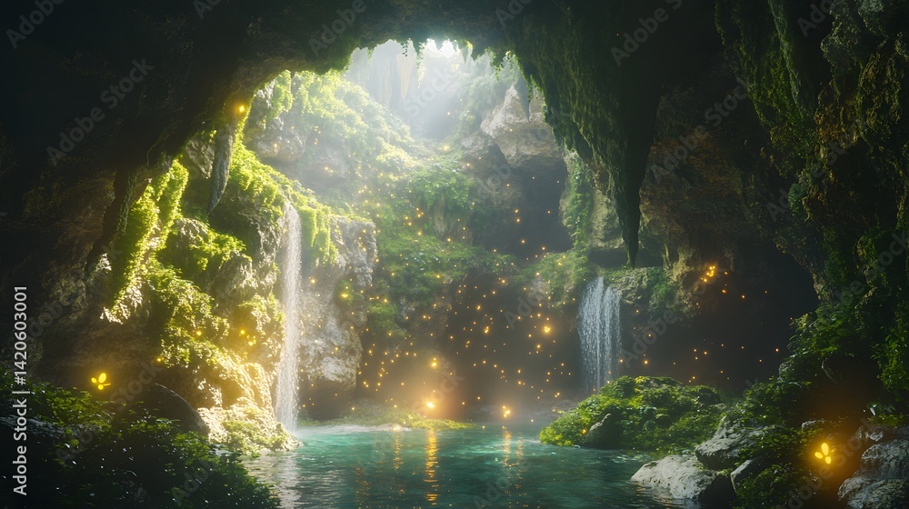 Fototapeta premium Lush cave with dense growing along the wal