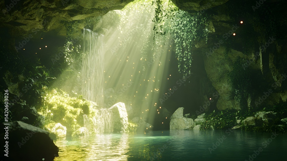 Fototapeta premium Lush cave with dense growing along the wal