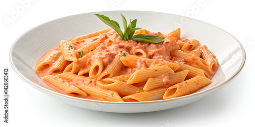 Creamy Penne Pasta with Tomato Sauce and Basil Garnish on White Plate – Italian Cuisine