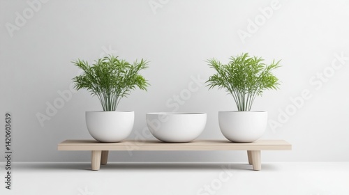Plants in White Pots Minimalist Style High-Resolution Soft Lighting Centered Composition Simple Arrangement Home Decor Peaceful Atmosphere Ideal for Interior Design