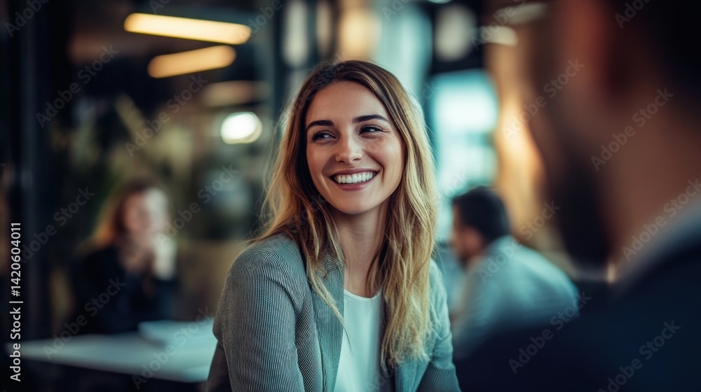 Smiling woman in blazer at cafe meeting with colleague, soft focus and warm lighting, business professional Smiling woman in blazer at cafe meeting with colleague, soft focus and warm lighting, business professional