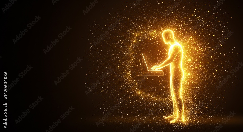 Naklejka premium Golden humanoid silhouette fixing computer amidst sparkling particle vortex on dark backdrop
