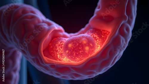 An esophageal cancer tumor glowing red/blue with Barrett's changes. Perfect for GI oncology.