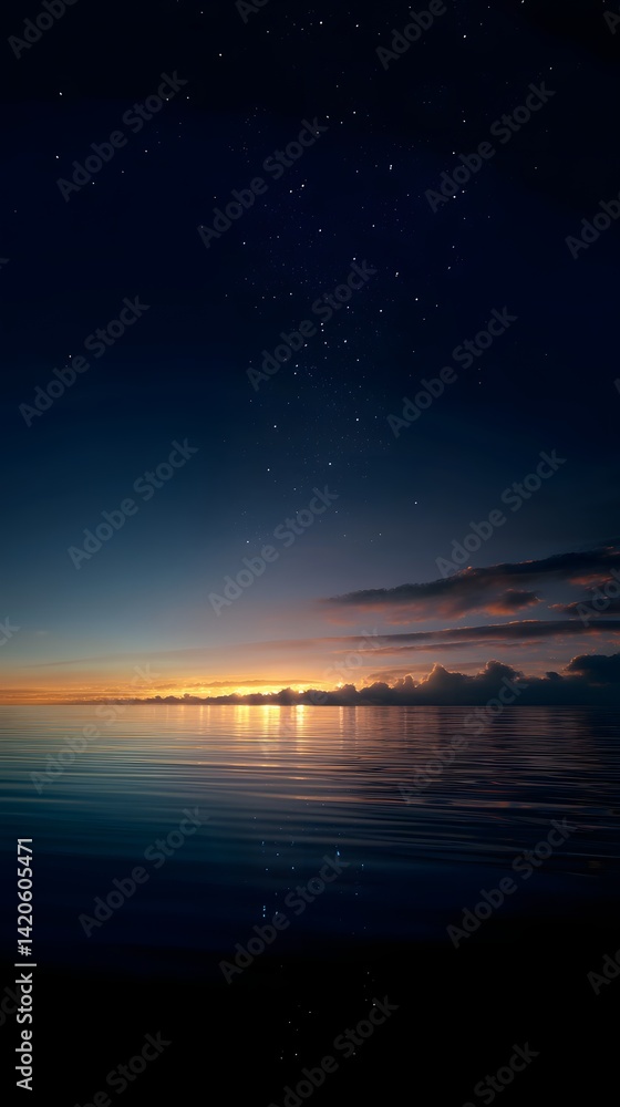 Starry sky above calm dark water distant emot Starry sky above calm dark water distant emot